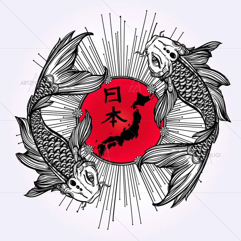 Romantic Fish Koi Carp With Japanese Flag — custom-size art design 5005405