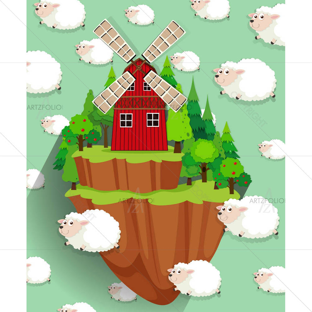 Windmill On The Farmland & Sheep — custom-size art design 5005435