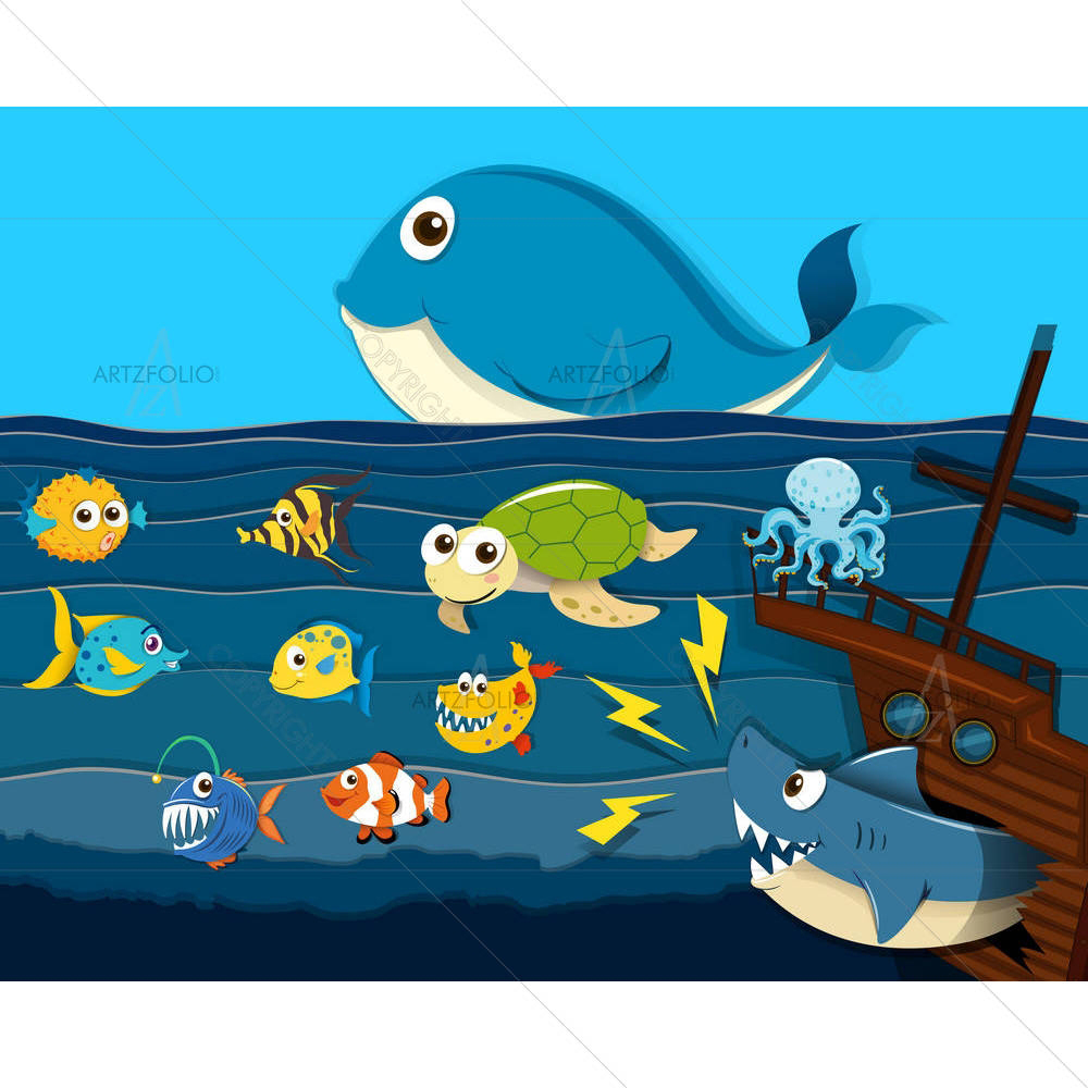 Ocean Scene With Sea Animals — custom-size art design 5005436