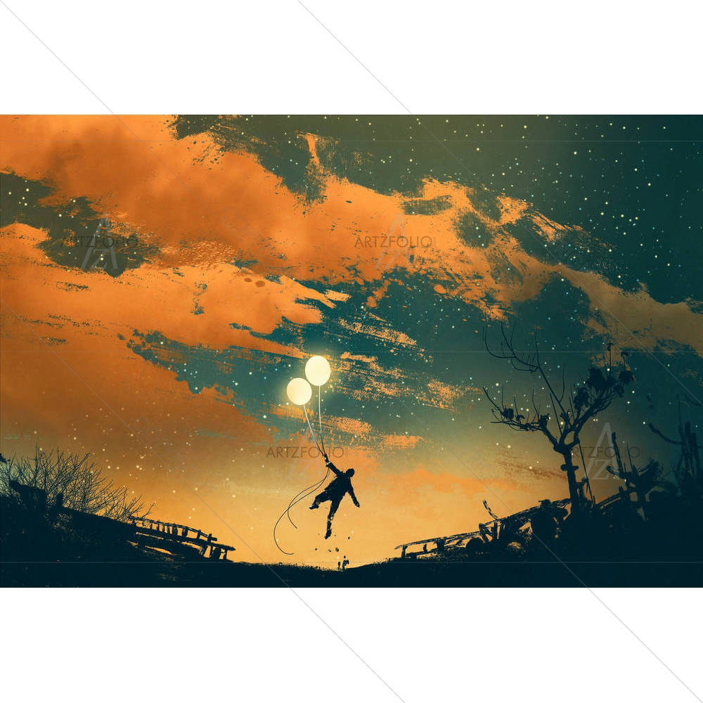 Man Flying With Balloon Lights — custom-size art design 5005464