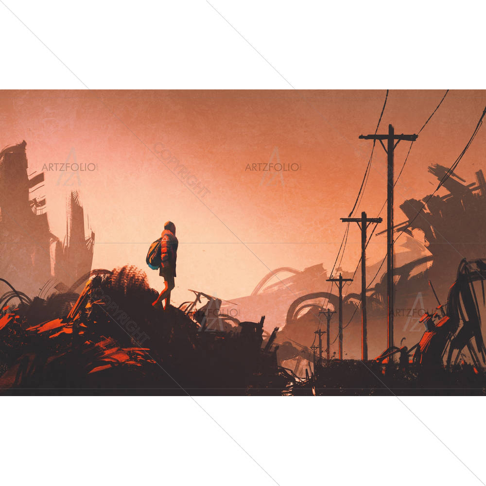 Woman Hiker Looking At Abandoned City — custom-size art design 5005500