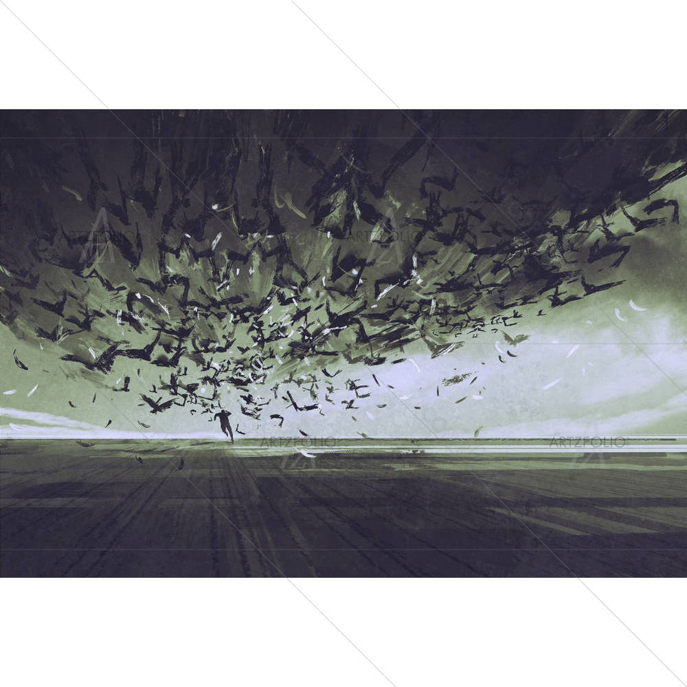 Man Running Away From Flock Of Birds — Devotional custom art by ArtzFolio