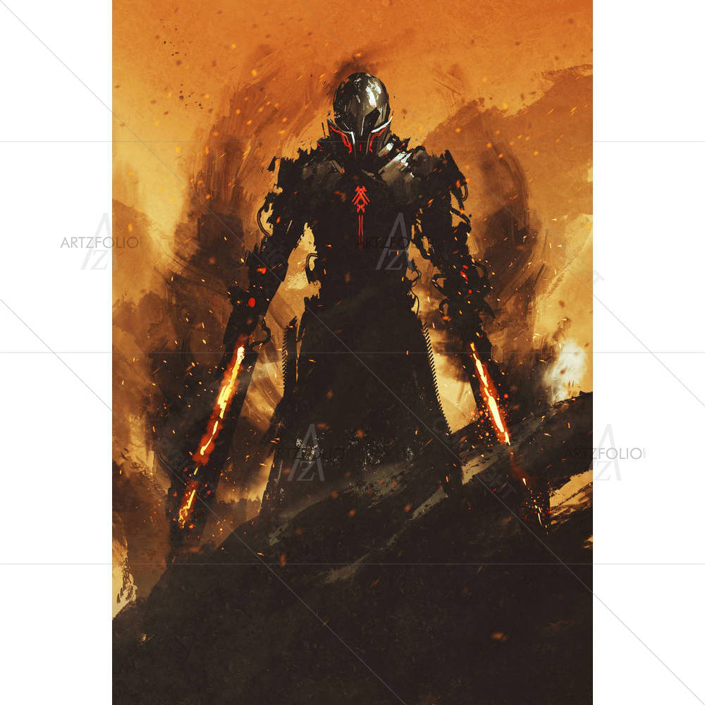 Warrior Posing With Fire Flame Swords — Fantasy custom art by ArtzFolio