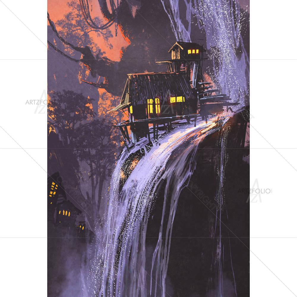 Waterfall House At Sunset — custom-size art design 5005503