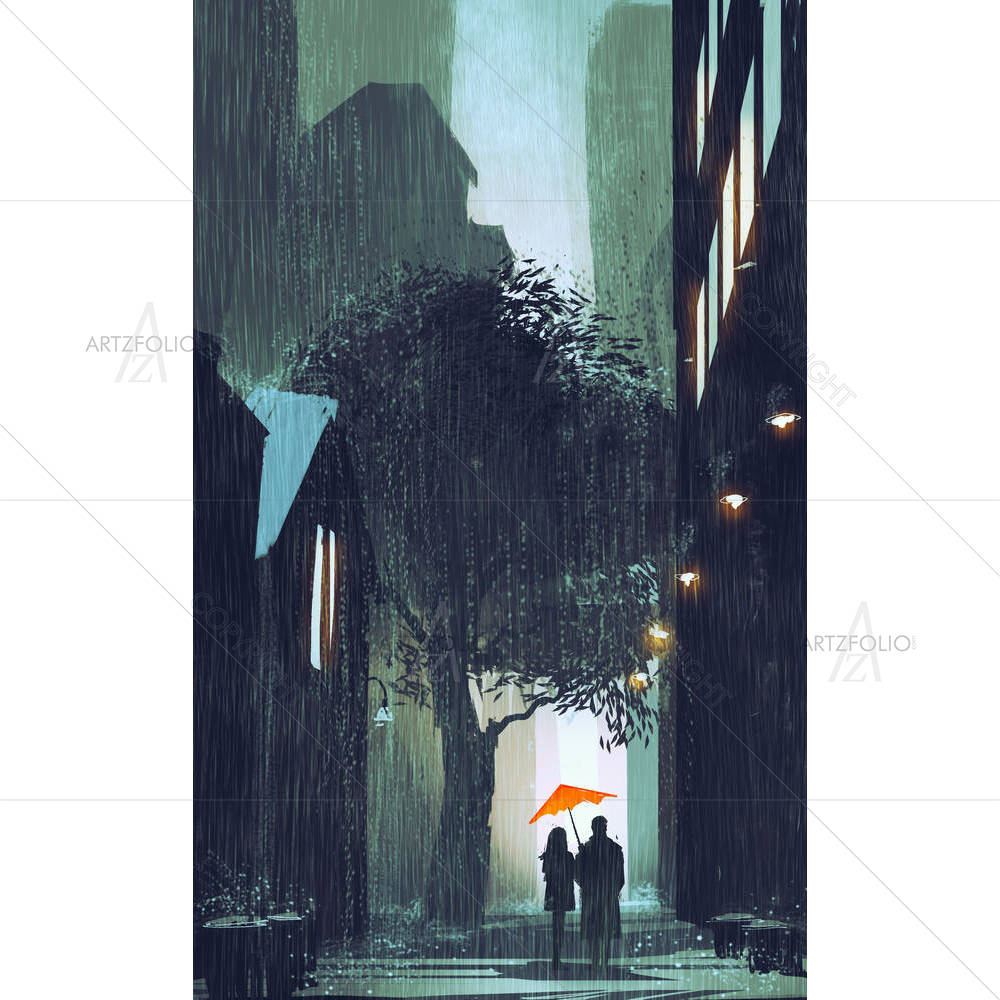 Couple Walking In Raining Street — Cities custom art by ArtzFolio