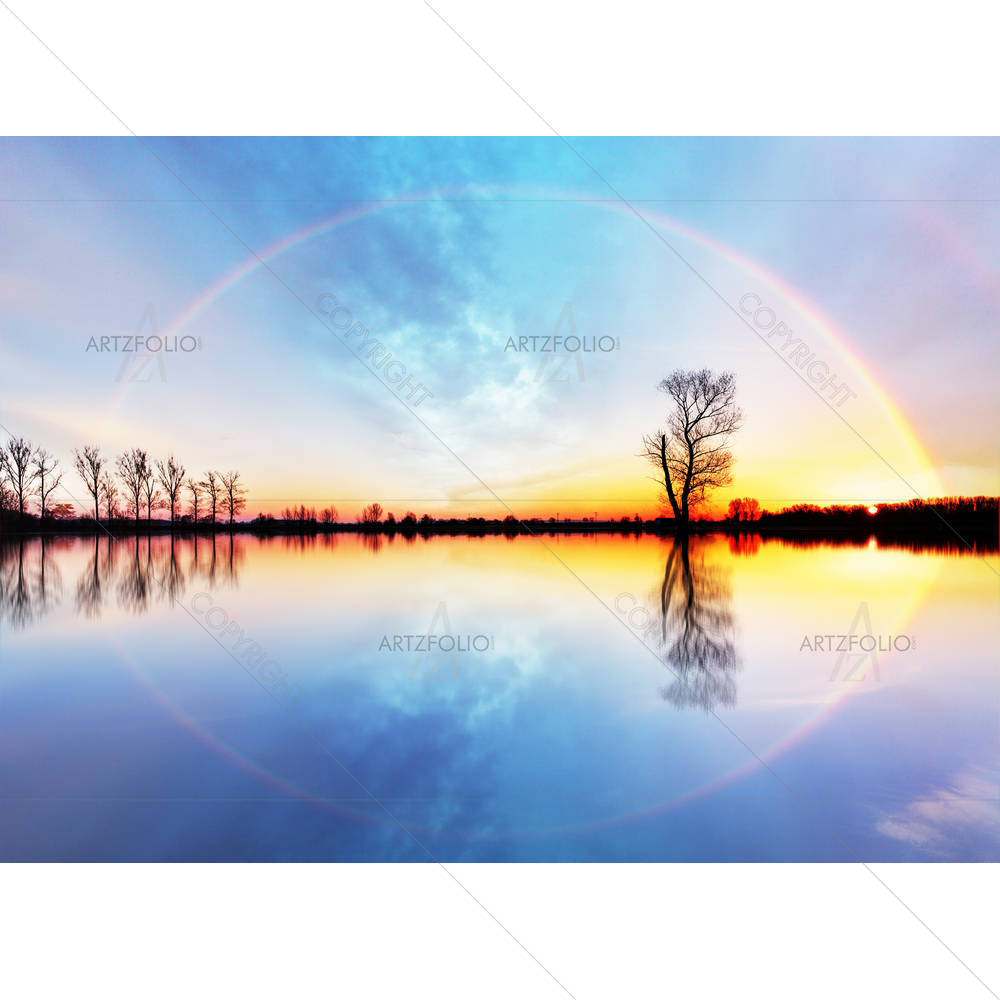 Tree & Sun On Lake Sunrise — custom-size art design 5005522