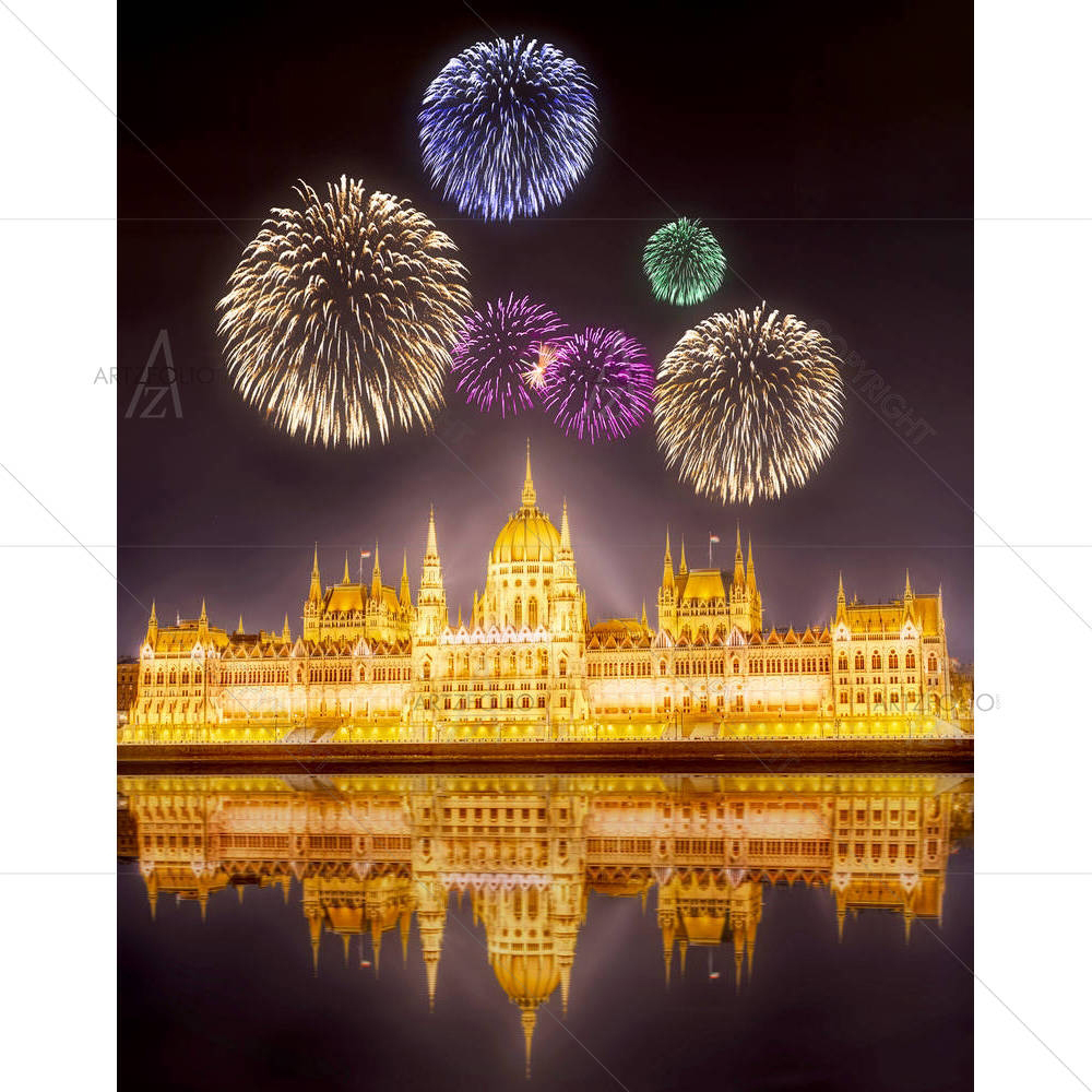 Fireworks Under Parliament Building, Budapest Hungary D1 — custom-size art design 5005533