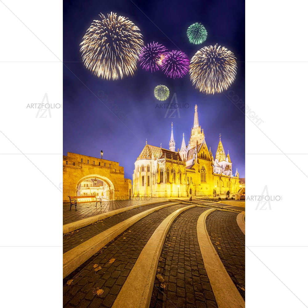 Fireworks Night In Budapest, Hungary — custom-size art design 5005534