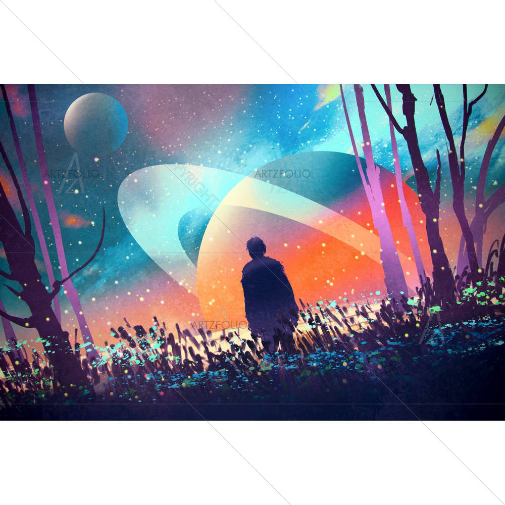 Man Standing With Fictional Planets — custom-size art design 5005557