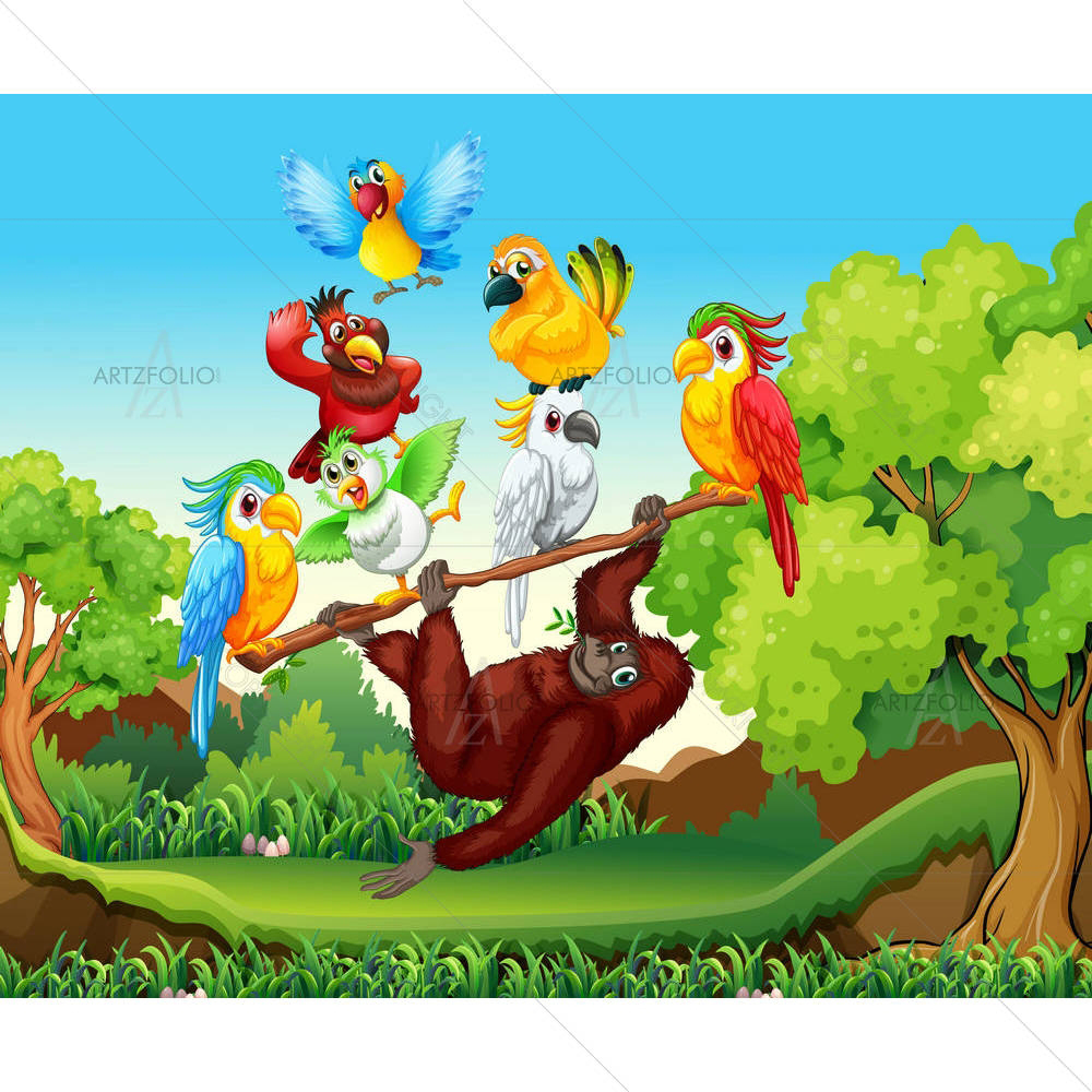 Wild Birds & Urangutan — custom-size art design 5005586