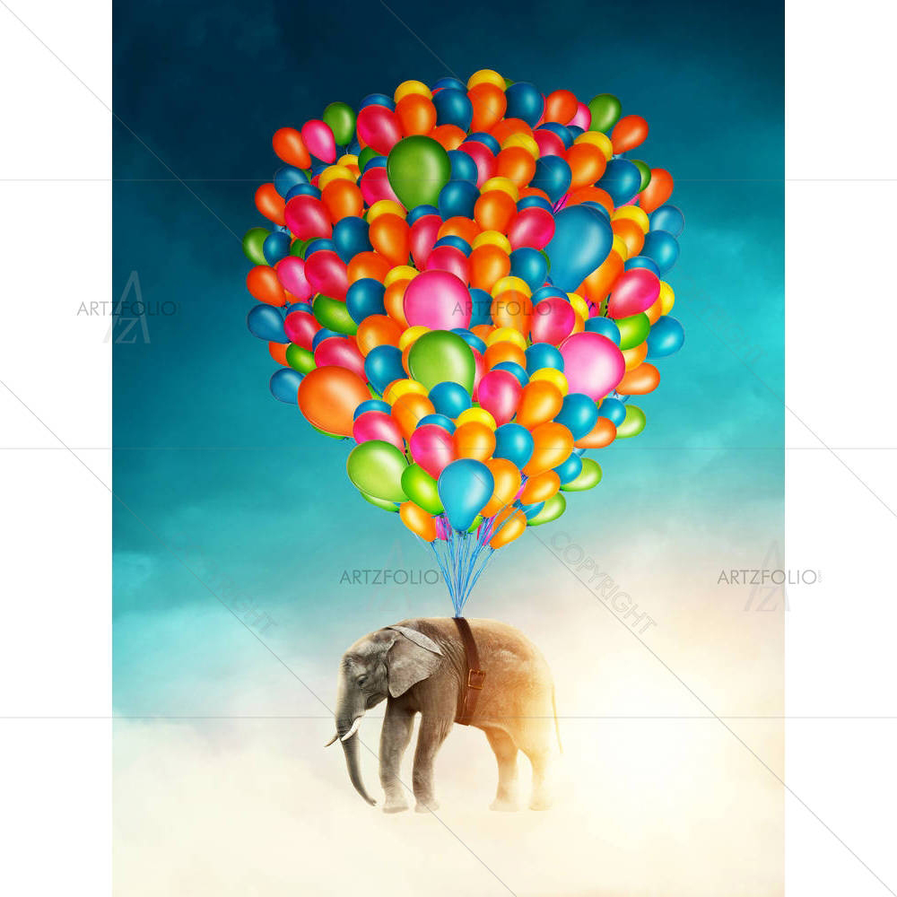 Flying Elephant With Colorful Balloons — custom-size art design 5005594