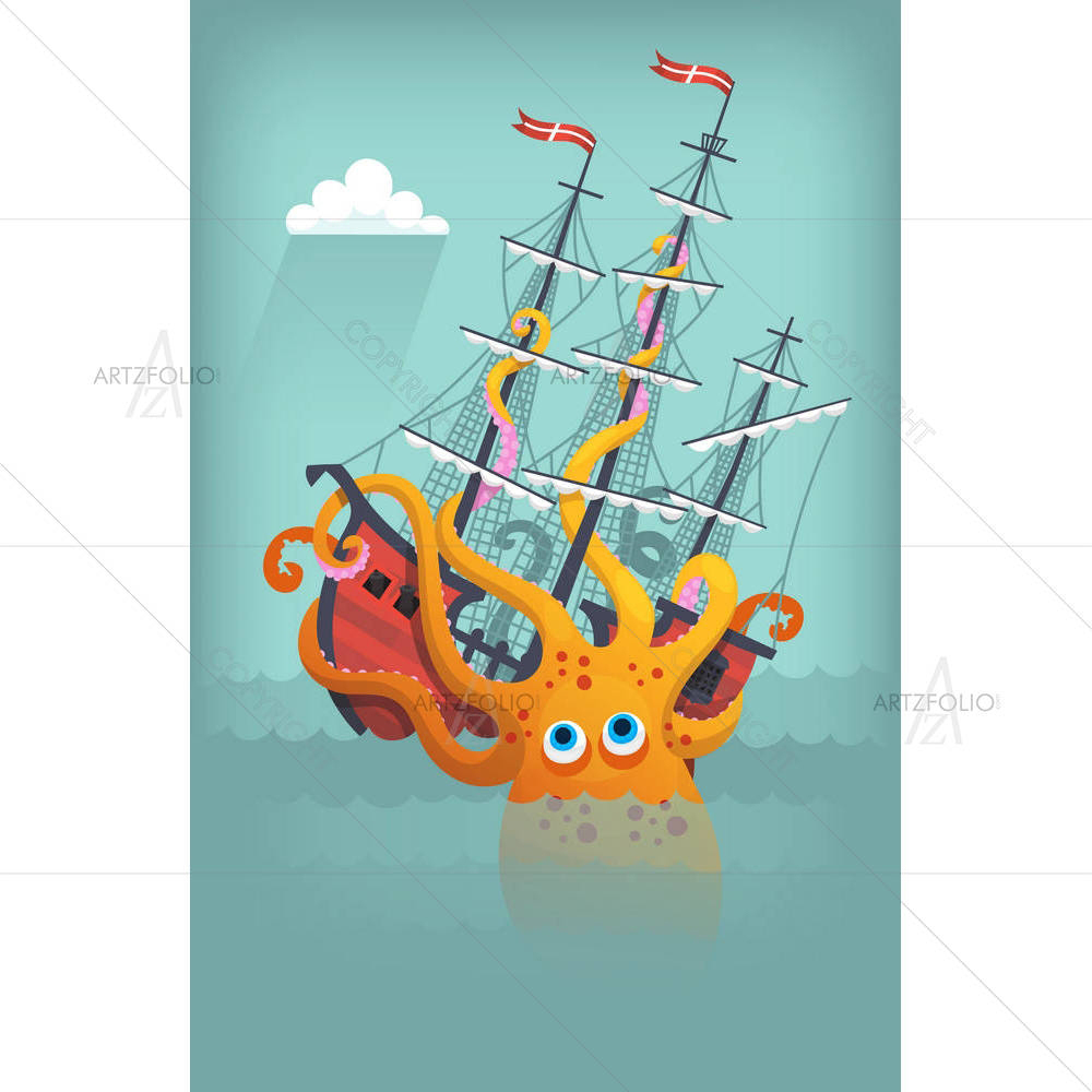 Giant Squid Breaking & Sinking Ship In An Ocean — custom-size art design 5005677