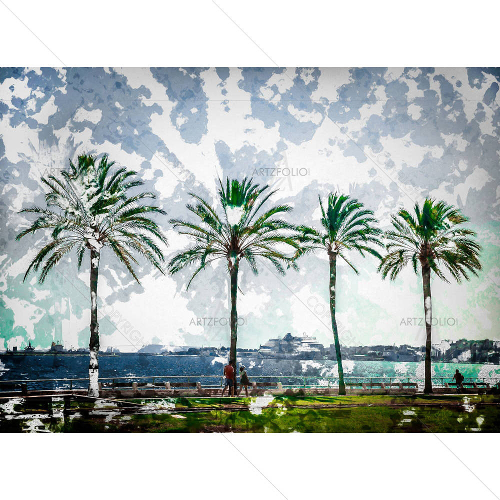 Palm Trees Along Coast In Palma De Mallorca, Spain D1 — Ancient custom art by ArtzFolio
