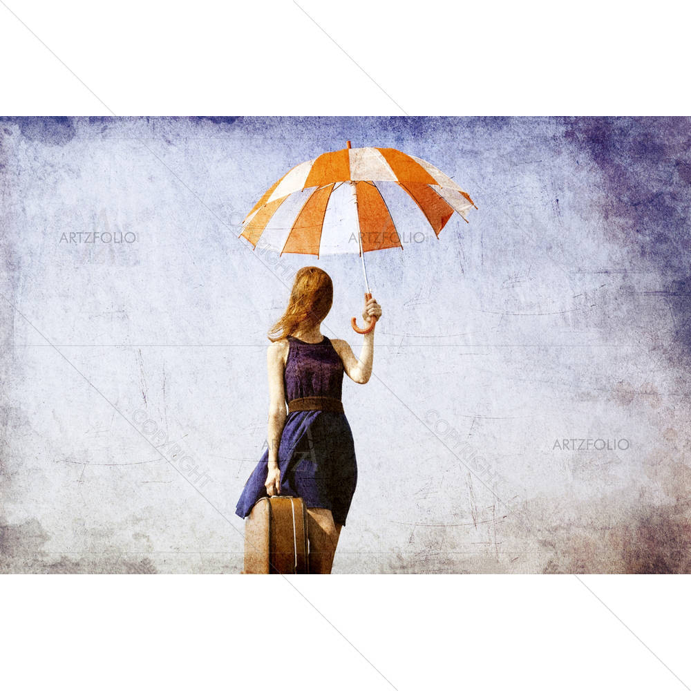Lonely Girl With Suitcase & Umbrella — custom-size art design 5005762