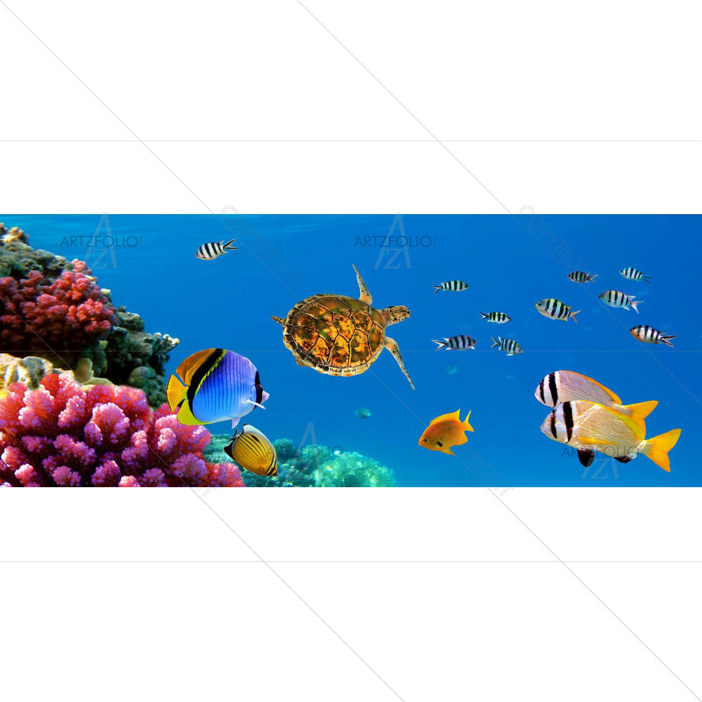 Underwater Panorama with Turtle & Coral Reef — custom-size art design 5005763