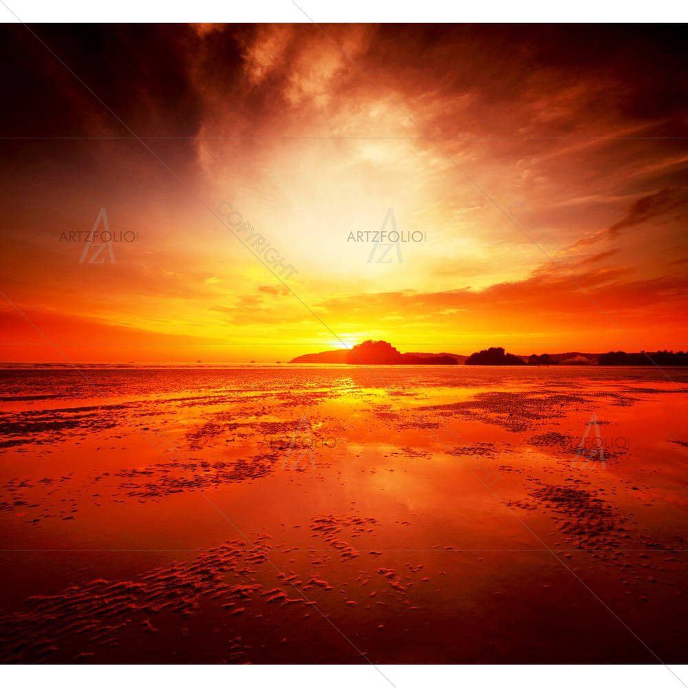 Sunset Over Sandy Beach In Low Tide — custom-size art design 5005773