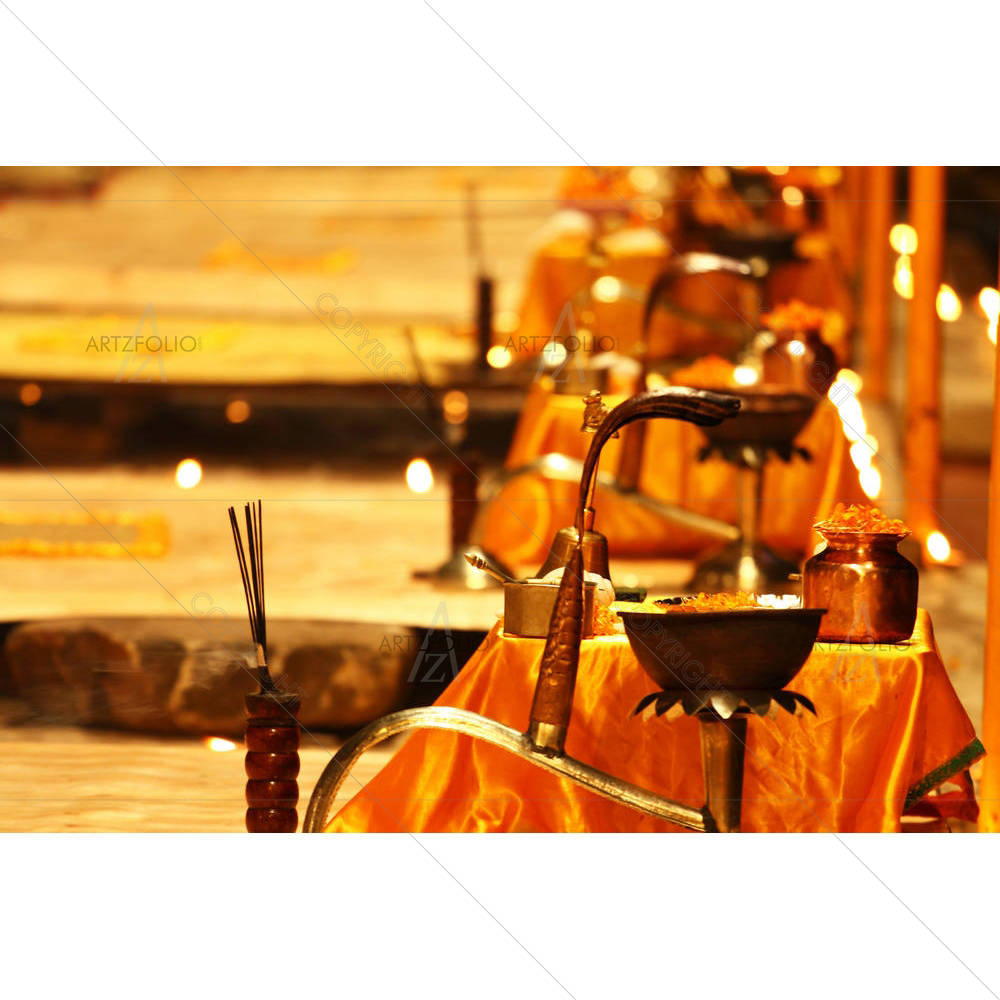 Ganga Aarti Ritual In Varanasi, India — Devotional custom art by ArtzFolio