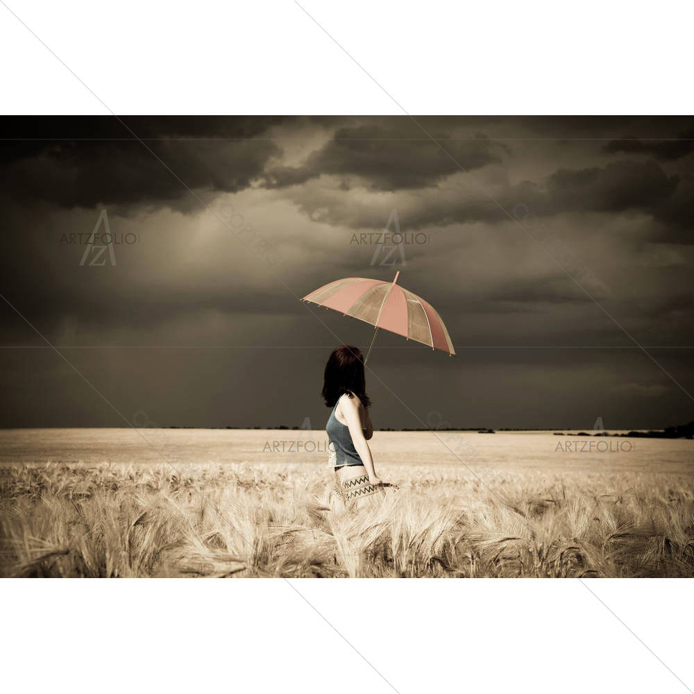 Girl With Umbrella At Field — custom-size art design 5005796