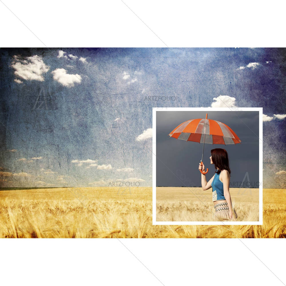 Girl with Umbrella in a Wheat Field — custom-size art design 5005797