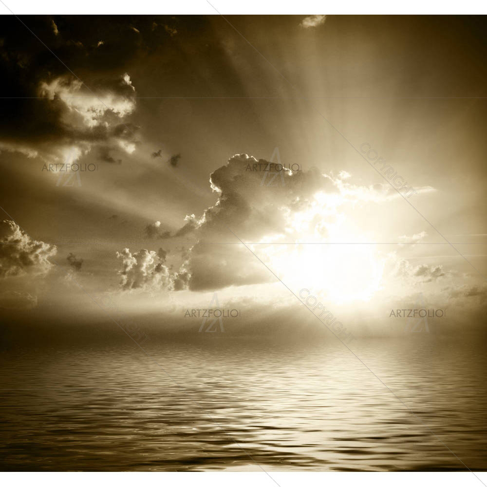 Sunrise Sunset With Sunbeams, Clouds & Reflection — custom-size art design 5005814