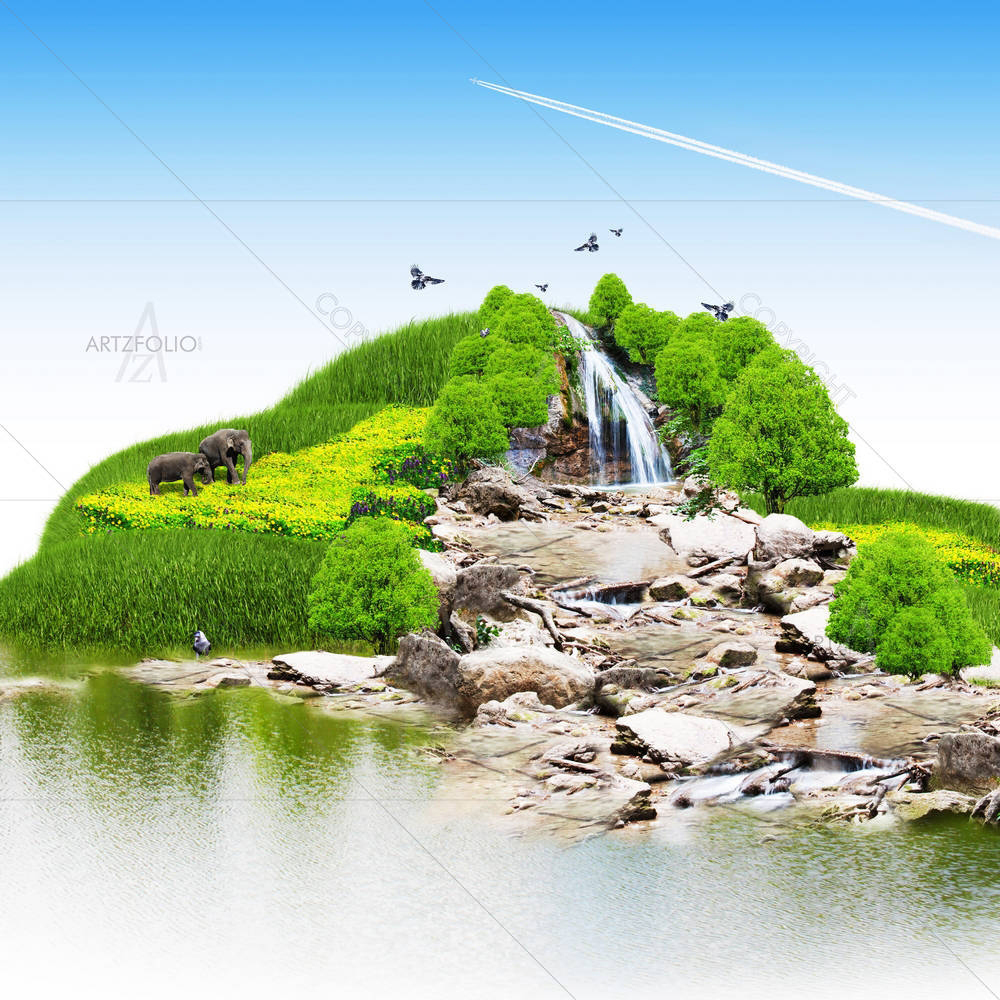 Island With Vegetation & A Waterfall — custom-size art design 5005824