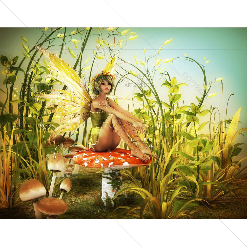 A Little Fairy Sitting On A Fly Agaric — custom-size art design 5005838