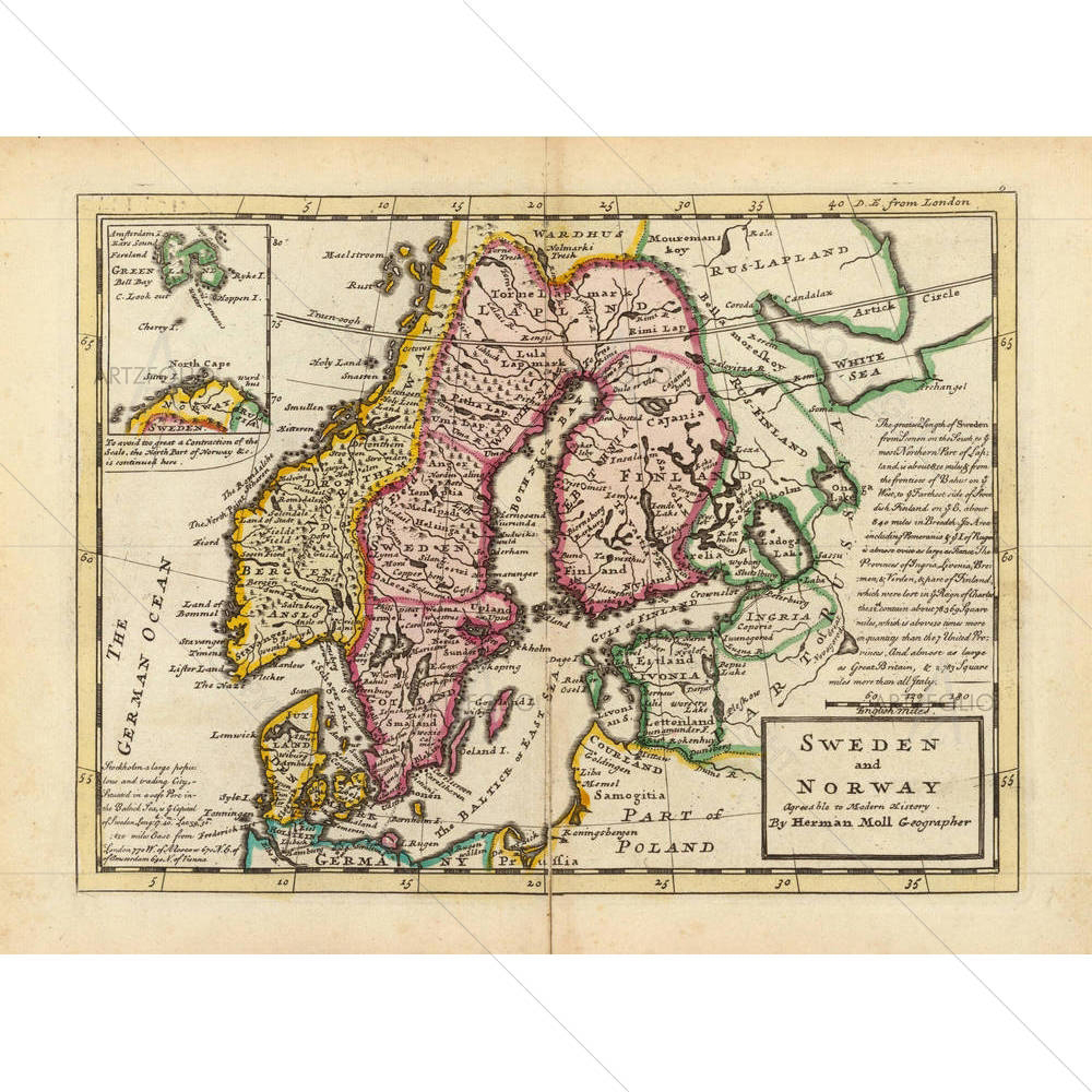 Antique Map Of Scandinavia 1736 — American custom art by ArtzFolio