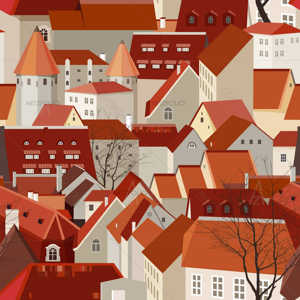 Seamless City Landscape With Tile Roofs — custom-size art design 5005870