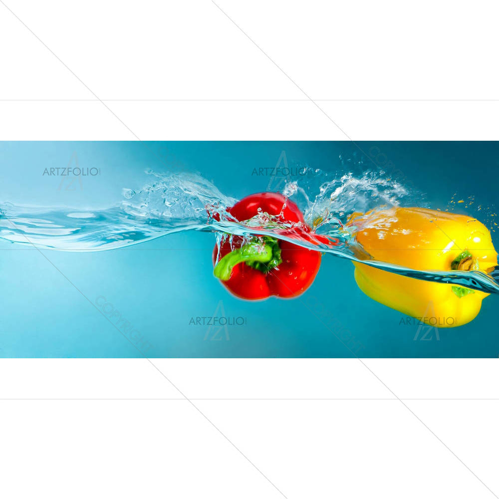 Colorful Peppers Splashing Into Blue Water — Cuisine custom art by ArtzFolio
