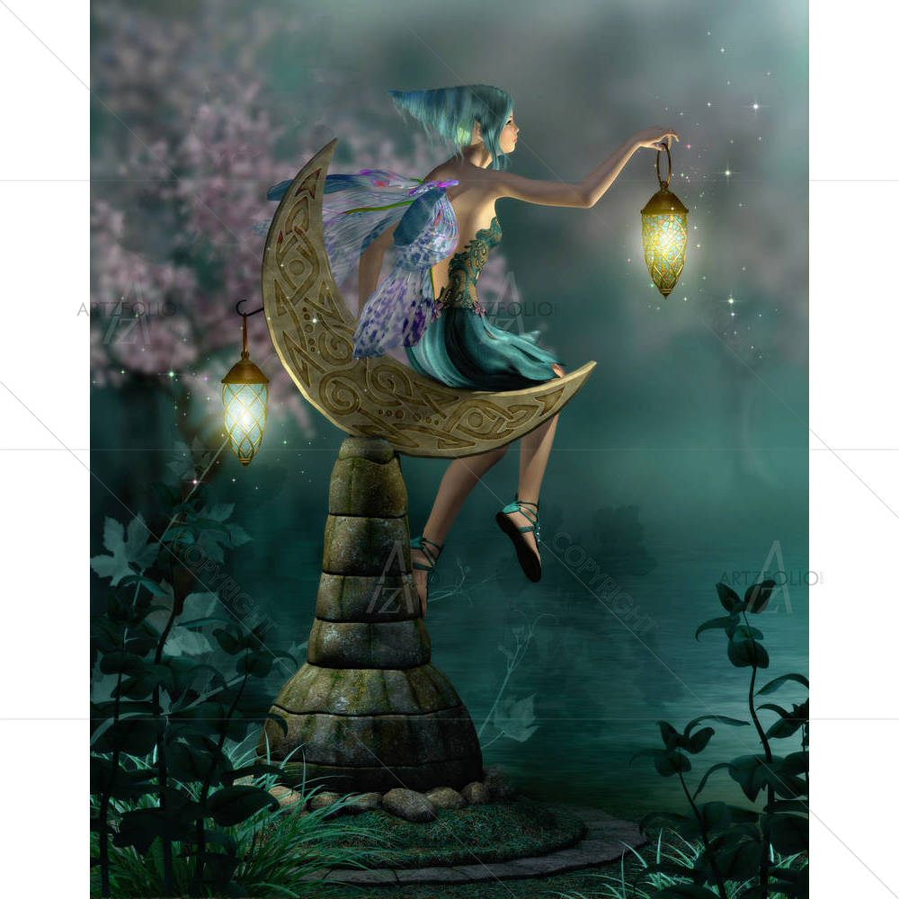 Little Pixie with a Lantern Sitting on Moon — Fluid marble custom art by ArtzFolio