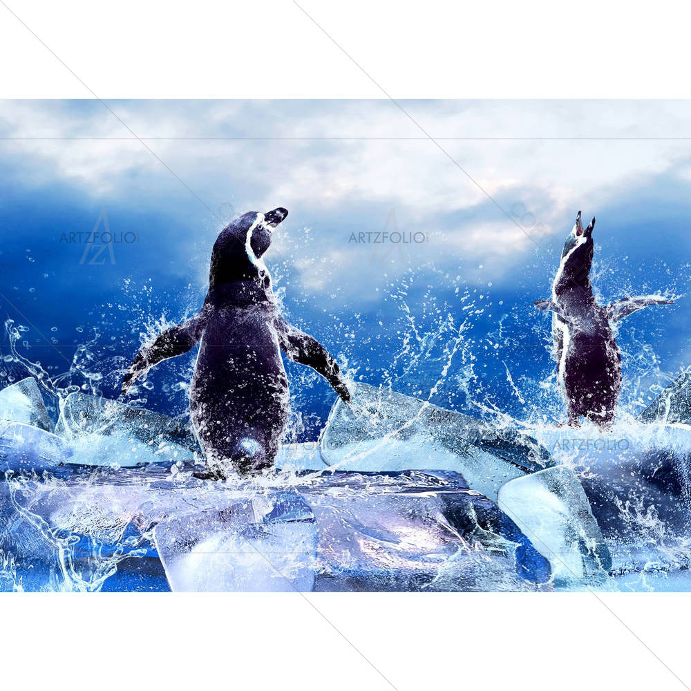 Penguin On The Ice In Water Drops — custom-size art design 5005938