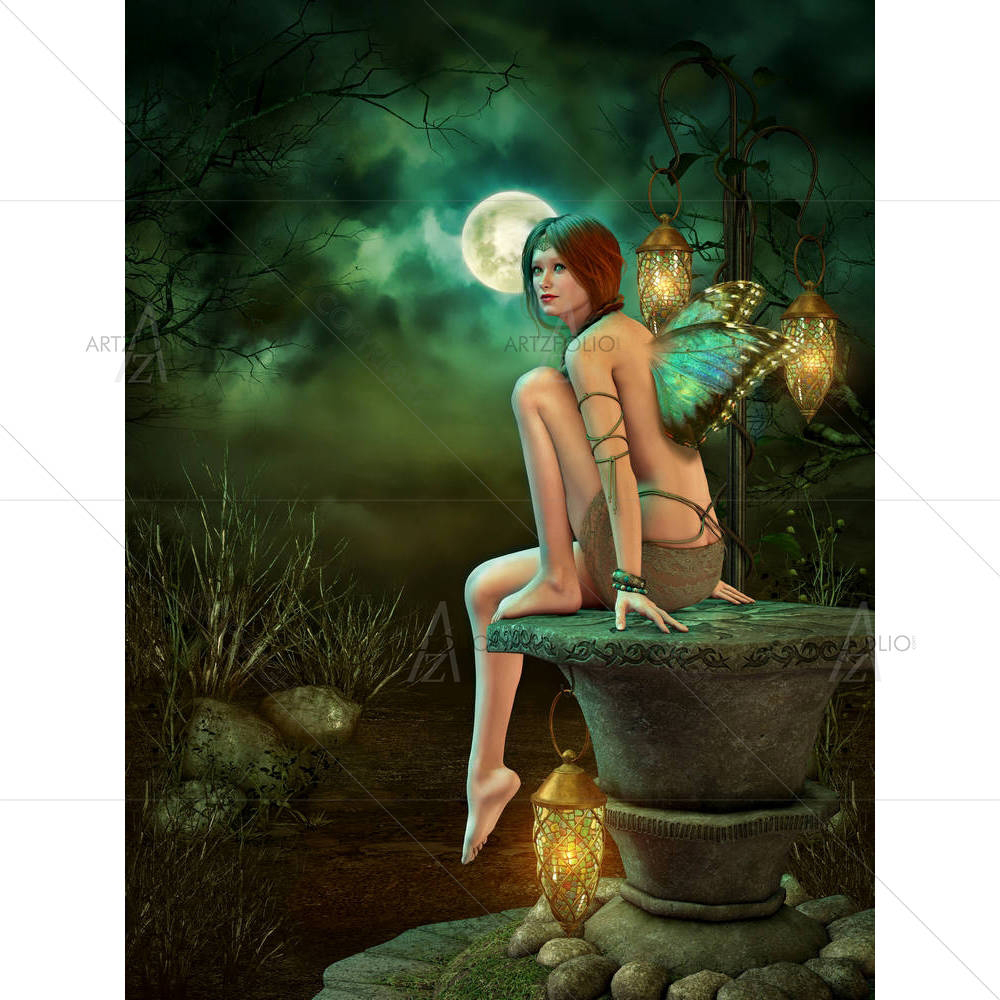 Little Pixie Sitting On A Pedestal Of Stone — Fluid marble custom art by ArtzFolio