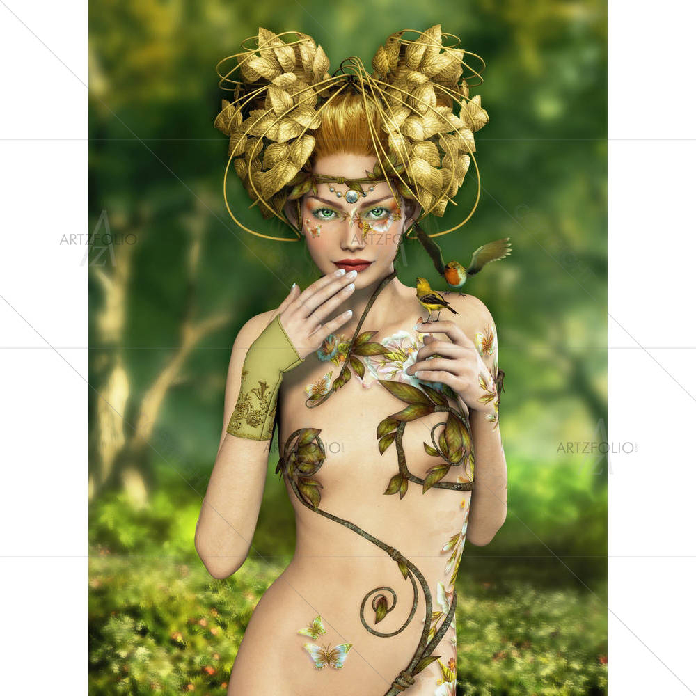 Nymph Living in the Forest with Two Songbirds — custom-size art design 5005988