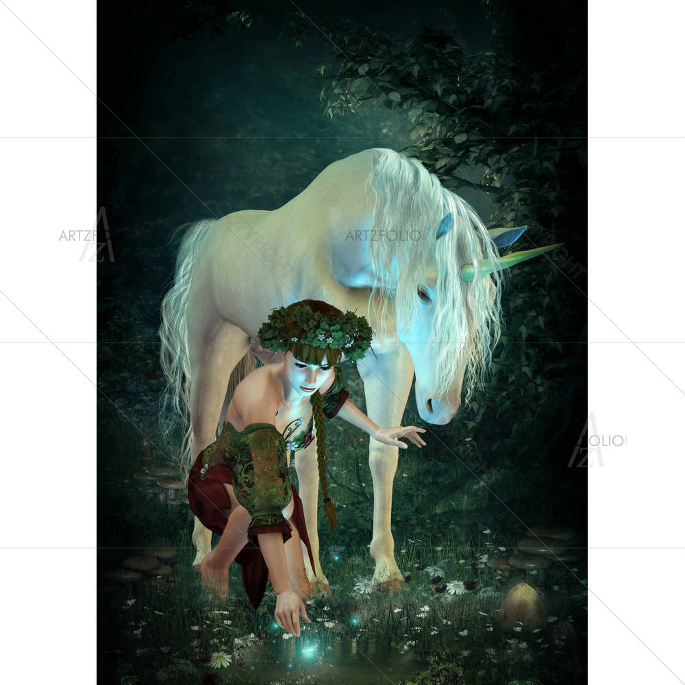 Girl & a Unicorn Watching Fireflies at a Pond — custom-size art design 5006009