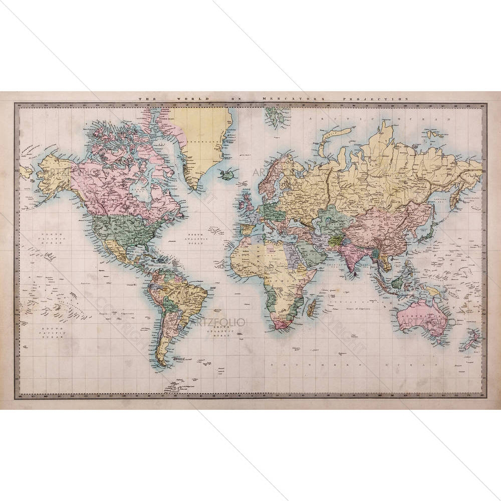 World Map on Mercators Projection Circa 1860 — custom-size art design 5006019