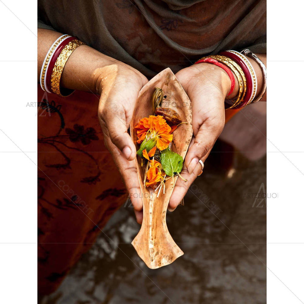 Hindu Pilgrim Praying River Goddess Ganges — Devotional custom art by ArtzFolio