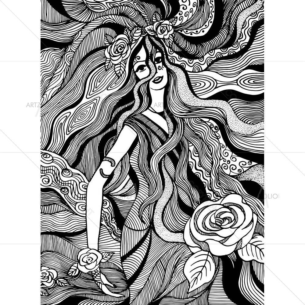 Drawing of a Girl With Flowers — custom-size art design 5006042