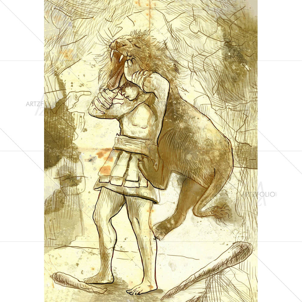 Ancient Greek Myths & Legends Hercules with Lion — Ancient custom art by ArtzFolio