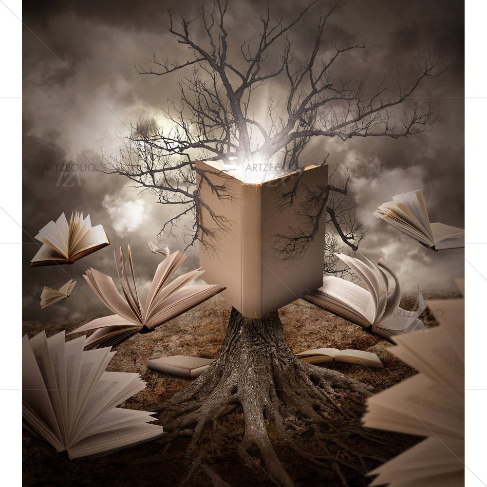 Concept of a Tree With Roots Reading A Story — custom-size art design 5006082