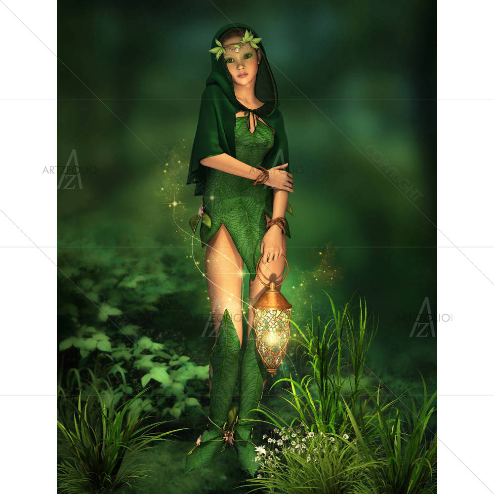 Deep Forest Fairy With A Lantern In Her Hand — Botanical custom art by ArtzFolio