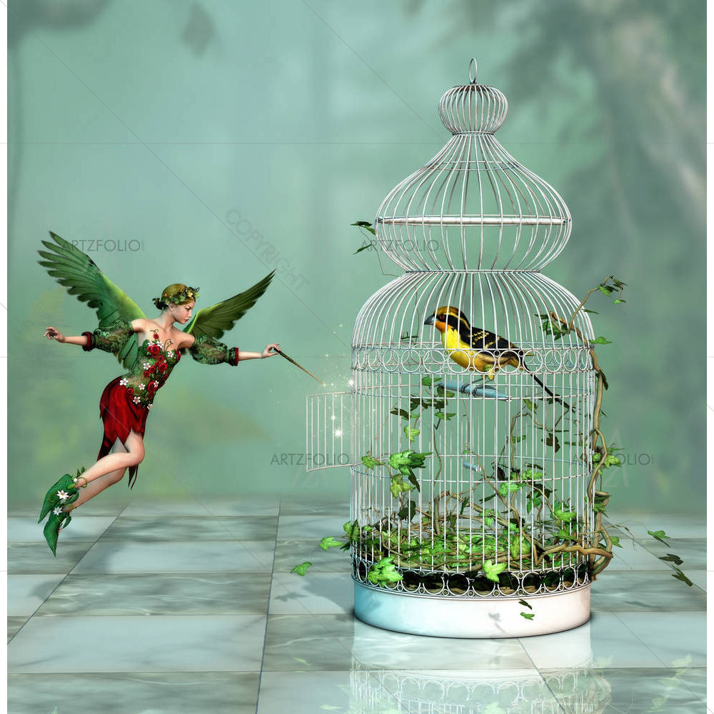 Bird freed out of the Cage by a Fairy — custom-size art design 5006110
