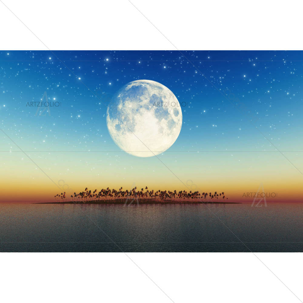 Night Sea Landscape With Coconut Island — custom-size art design 5006121