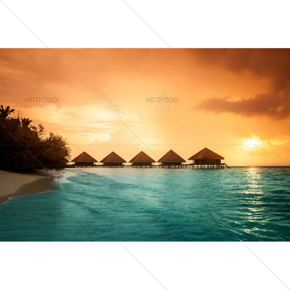 Over Water Bungalows & Green Lagoon — custom-size art design 5006161