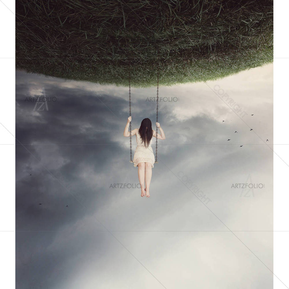 Sad Woman Swinging On A Surreal Swing — custom-size art design 5006175