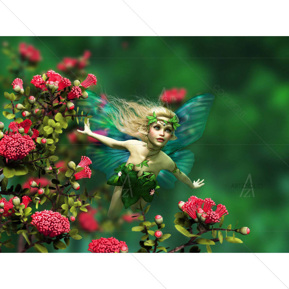 Flying Fairy With Blond Hair & Butterfly Wings — Botanical custom art by ArtzFolio