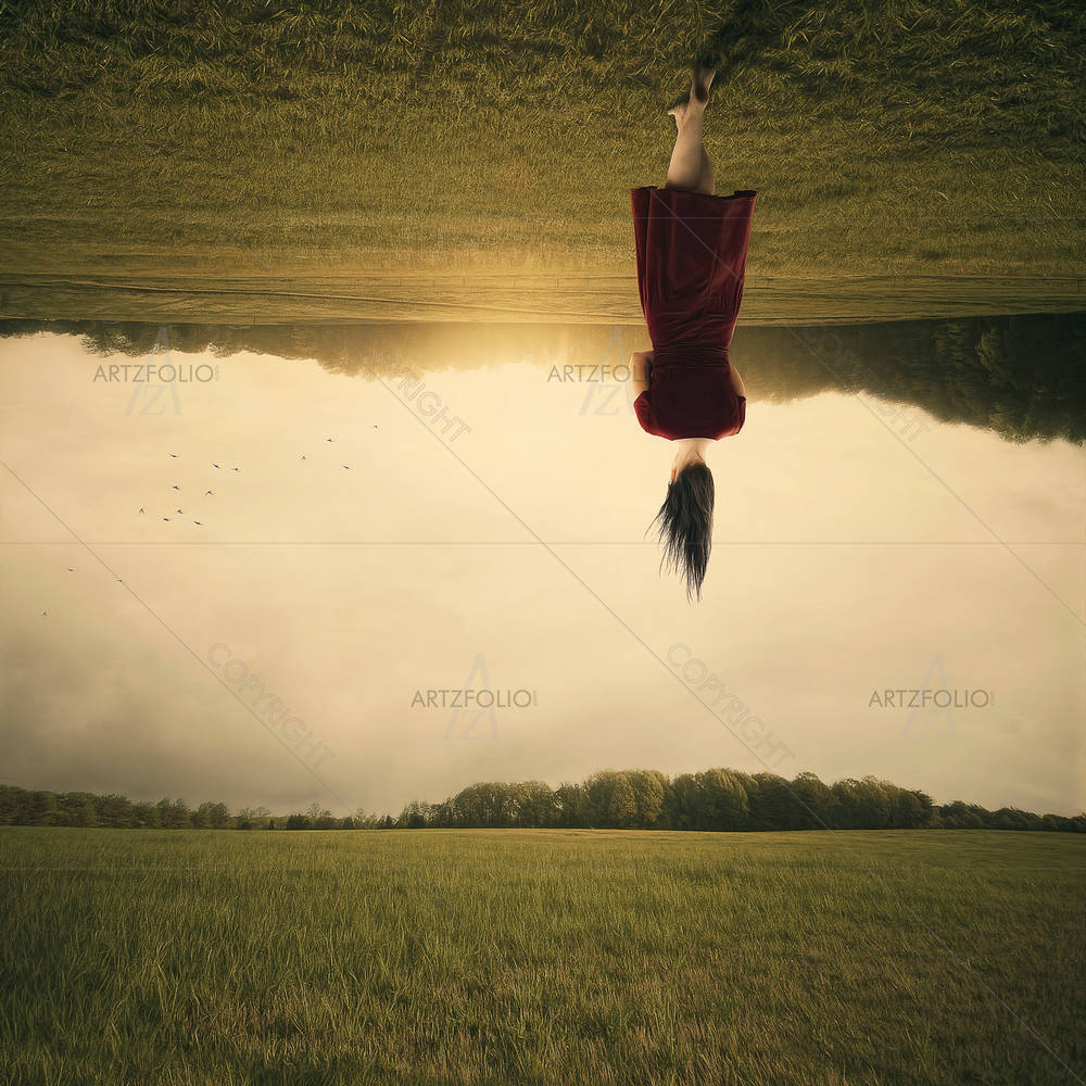 Surreal Woman Walks Through A Field Upside Down — Abstract custom art by ArtzFolio