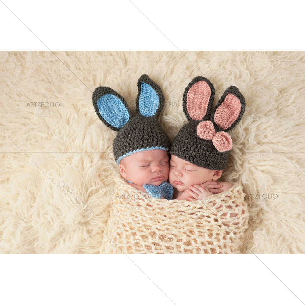 Newborn Baby Twins Wearing Bunny Costumes — custom-size art design 5006276
