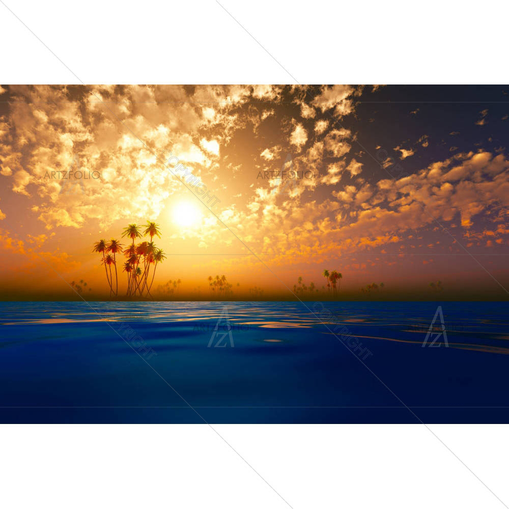Gold Sunset In Clouds Over Coconut Tropic Islands — custom-size art design 5006329
