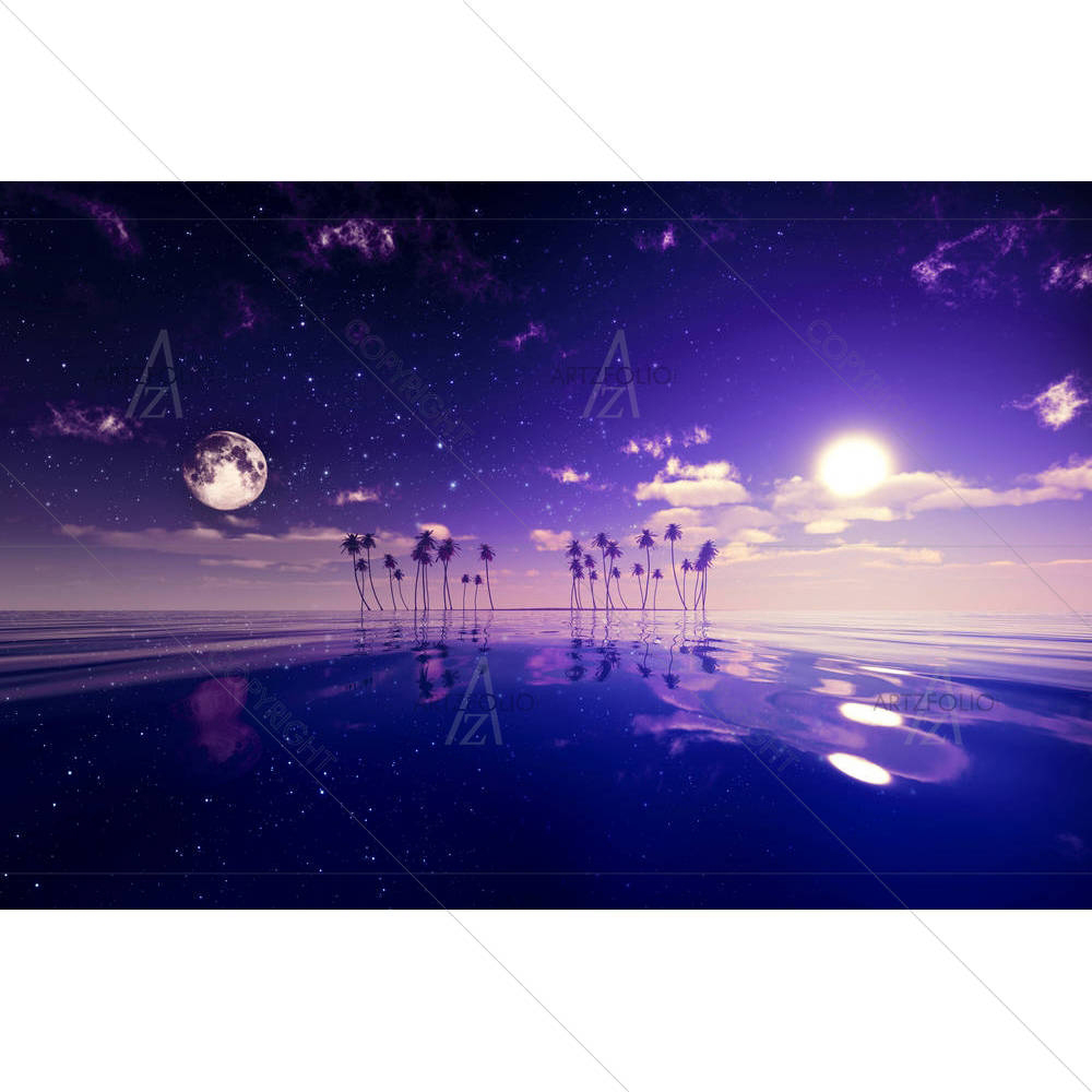 Sun & Moon Behind Island With Coconut Palms — Fantasy custom art by ArtzFolio