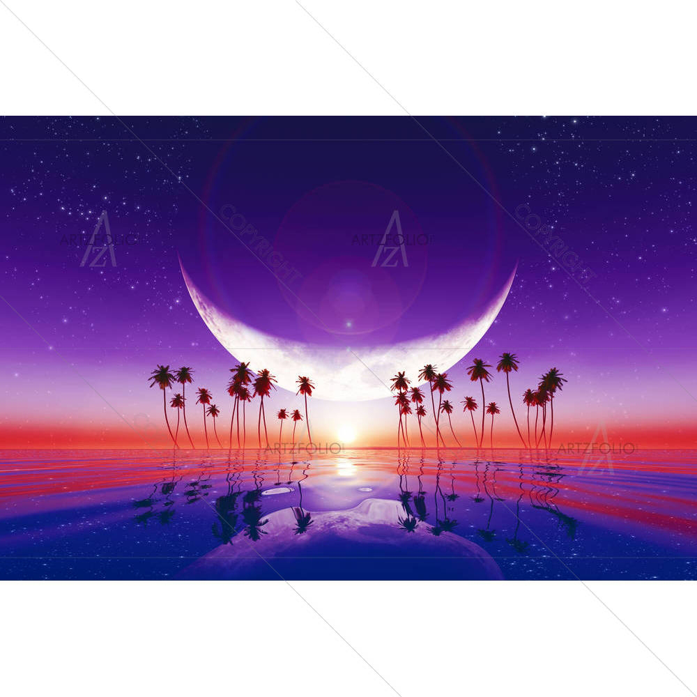 Big Moon Over Purple Sunset At Tropical Sea — Fantasy custom art by ArtzFolio
